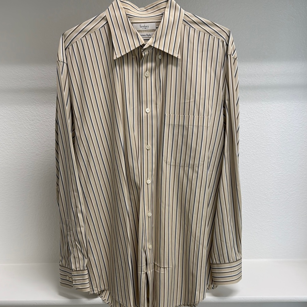 Turnbury Men XL Long Sleeve Button Down Signature Poplin Tan Stripe Dress Shirt